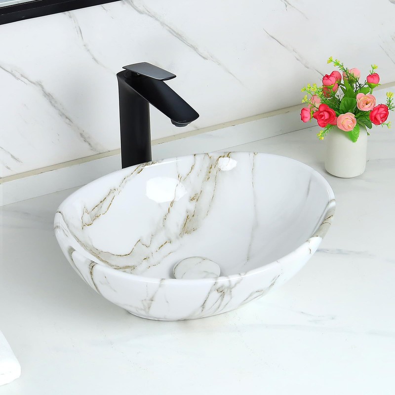 Davivy 16.3"x13.4" White Marbling Bathroom Vessel Sink with Pop Up