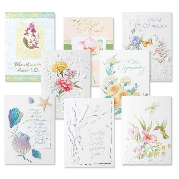 Deluxe Foil Sympathy Greeting Cards Value Pack - Set of 16 (8 designs) Large 5 x 7, Foil & Embossed Accents, Sentiments Inside, Thinking of You in Sympathy Cards, Envelopes Included