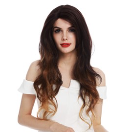 WIG ME UP - DW2592-MF-LX3316 Women's Wig Lace Front Part Monofilament Very Long Wavy Balayage Mahogany Brown Blonde Highlighted