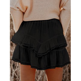 Aoudery Flowy Shorts for Women Casual Boho Ruffle Tiered Skorts High Waist Mini Skirts Golf Tennis Butterfly Crochet Shorts - Black XL