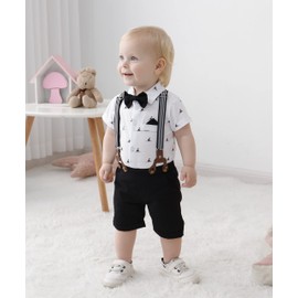 YUEMION Infant Baby Boy Clothes Gentleman Outfits Suits Summer Short Sleeve Bow Tie Bodysuit Shirts + Suspender Shorts(White2,3-6 Months)