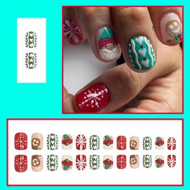 24 Pcs Christmas Press on Nails Short Square - MINGCHUN Fake Nails with Santa Claus Snowflake Heart Design False Nail Christmas Nails Acrylic Nails Full Cover Glue on Nail Stick on Nails Art Kit