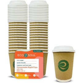 ECO SOUL 8 Oz Compostable Ripple Paper Cups (200 Pack) With Lids – Biodegradable Paper Cups, Non-Toxic Disposable Cups For Hot Drinks, To-Go Coffee Cups, Eco-Friendly