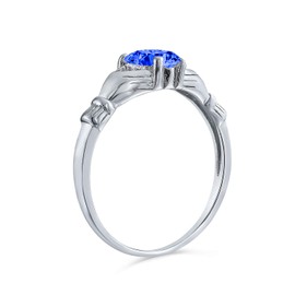 Personalize BFF Sorority Sister Solitaire Blue Simulated Sapphire CZ Celtic Irish Friendship Promise Crown Heart Claddagh Ring For Women Teen .925 Sterling Silver Customizable