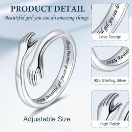LOVECOM S925 Sterling Silver Hug Rings for Women Teen Girls Adjustable Hands Open Heaven Hope Inspirational Promise Ring Jewelry Birthday Mothers Day Gifts for Her Mom Wife Daughters Grandma Best Friend (Beautiful girl you can do amazing things, US Size 