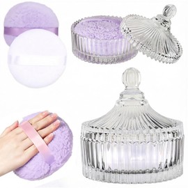 Body Powder Puff And Container With Puff Set 6" Crystal Dusting Powder Jar With 2 Pcs Large powder Puff and Container Purple/Colorful Random,Dusting Powder Jar Elegant Vanity Organizer Gift.