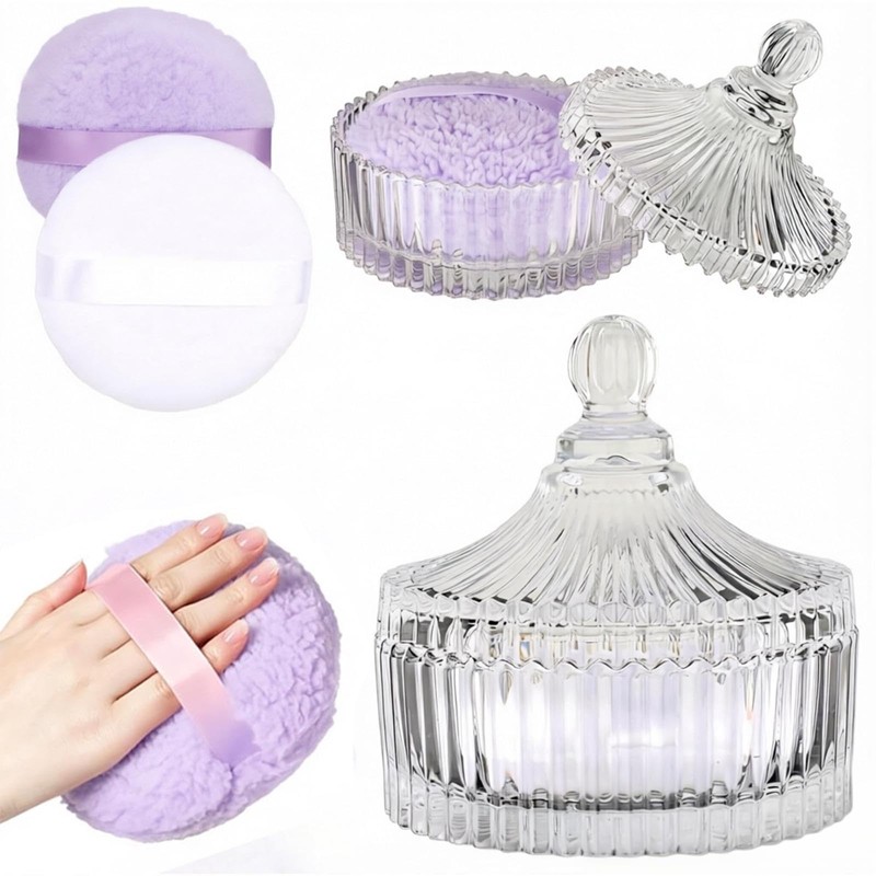 Body Powder Puff And Container With Puff Set 6" Crystal