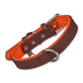Modixun Heavy Duty Leather Dog Collar with Adjustable Metal Buckle, Soft Padded Contrasting Colors Pet Collar, Fit for Medium Dogs 28-37cm Neck, M, Brown and Orange