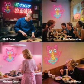 Cat Ramen Neon Signs for Wall Decor, Fun Noodles Pink Led Neon Sign for Living Room Wall Decor, Animal USB Dimmable Powered LED Light for Restaurant Ramen Shop Window (D001)