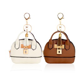 Pack of 2 Mini Key Chain Bag Cosmetic Bag for Women PU Leather Backpack Key Ring Car Key Bag Lipstick Bag Card Holder Data Cable Organiser Zipper, Brown + White, Modern