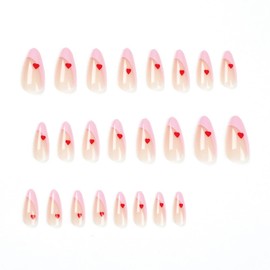 24Pcs Heart Press on Nails Medium, Almond Shape Fake Nails with Red Heart Designs, Full Cover Glue on Nails, Artificial Acrylic French False Nails, Nude Pink Stick on Nails for Women