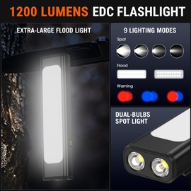 Spriak EDC Flat Flashlight Rechargeable, 1200 Lumens USB-C Pocket Flashlight with Clip, 9 Modes Magnetic Waterproof Small Flash Light for Camping, Work, Repair & Emergencies (Black, 2PCS)