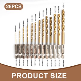 26-Piece Titanium Drill Bit Set with Quick Change Hex Shank, 1.5-6.5 mm HSS Drill, Titanium Coated High-Speed Steel Drill Bit for Wood, Plastic and Metal, Material Stainless Steel, High Hardness
