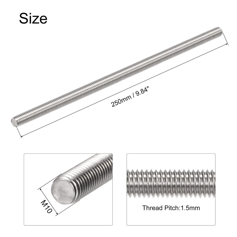 sourcing map 2Pcs M10 x 250mm Fully Threaded Rod 304