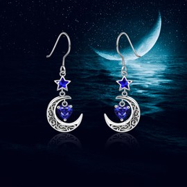 Shysnow Moon Birthstone Earrings for Women 925 Sterling Silver Half Moon Star Dangle Drop Earrings with Heart Crystal Birthday Jewelry for Women, Sterling Silver, Cubic Zirconia
