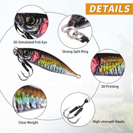 Slow Pitch Fishing Jigs Saltwater Fishing Lures 3D Colors Jigging Lures Glow Offshore Sinking Metal Jigs with Butterfly Assist Hooks for Tuna Kingfish