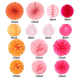 Hot-Pink Burnt-Orange Party-Decorations Streamers Lanterns - 14pcs Fall Birthday Baby Shower Paper Honeycomb Fan,Tissue Pom Poms, Autumn Thanksgiving Bridal Wedding Graduation Decor Ouruola