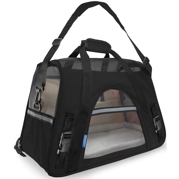 Airline Approved Pet Carrier - Soft-Sided Carriers for Small Medium Cats and Dogs Air-Plane Travel On-Board Under Seat Carrying Bag with Fleece Bolster Bed For Kitten Cat Puppy Dog Taxi