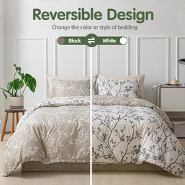 Lekesky King Size Duvet Cover Set, Reversible Duvet Cover King with Branch Pattern, Lightweight Soft Microfiber Comforter Cover, 3 Pieces Khaki Bedding Set with Zipper and 2 Pillowcases