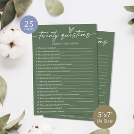 Bridal Shower Games Cards, Twenty Questions About the Bride, Wedding Party Game and Favors for 25 Guests, Bridal Shower Decorations, Minimalist Green Wedding Party Supplies - E04