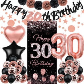 30th Birthday Decorations for Women, TSVATE Rose Gold Happy 30th Birthday Decorations, Happy 30th Birthday Banner, 30th Birthday Backdrop Yard Door Wall, 30th Birthday Balloons, Pompoms, Star Streamer