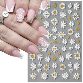 12Sheets Christmas Nail Stickers Set -Gold White Snowflake Nail Decals 3D Self-Adhesive Snowflakes Sticker for Nails Xmas Tree Snowman Bell Elk Cartoon Design Snow Winter DIY Holiday Nail Decoration