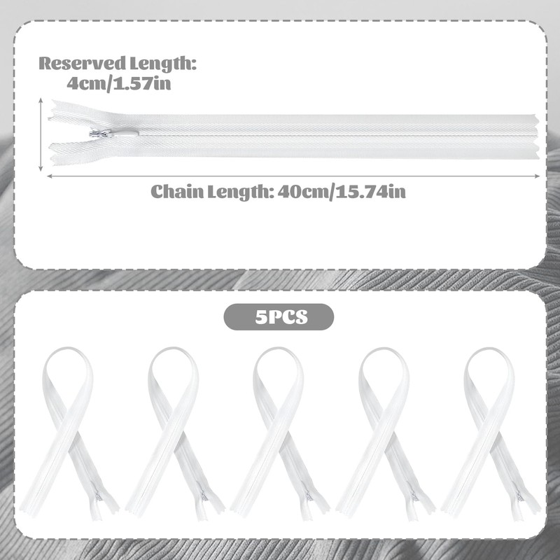 5Pcs Invisible Zip, 40cm/16 Inch Zip Nylon Zips for Sewing