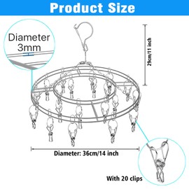 Stainless Steel Sock Drying Rack with 20 Clips, Stainless Steel Space-Saving Dryer Rack Washline with Peg for Sock,Towels,Bras,Underwear Etc Small Laundry Items (Stainless Steel-Round)