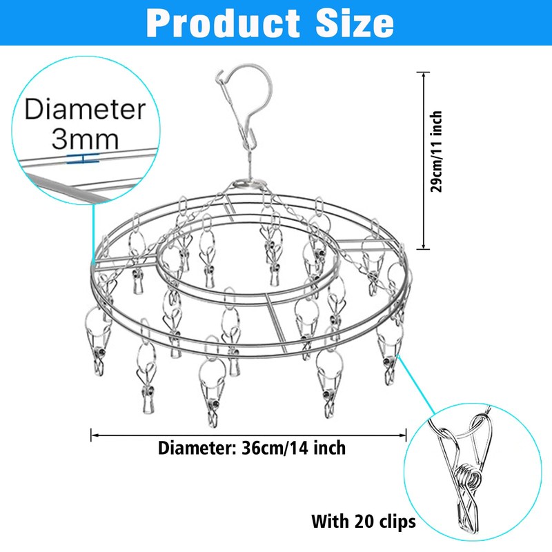 Stainless Steel Sock Drying Rack with 20 Clips, Stainless Steel
