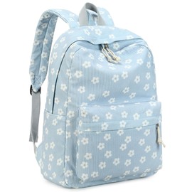 LEDAOU Backpack for Teenagers Girls School Backpack Large Book Bags Primary School High School Cord Lightweight Laptop Bags for Girls Women Casual Travel Daypacks (Cord White Flower 95 and Blue)