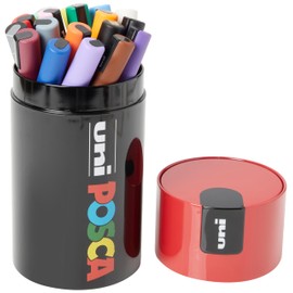 UNI POSCA GIFT BOX, 18 Markers in Assorted Colours - Medium Round Tip - Line Width 2.5 mm - Aluminium Gift Box, Colour of Lid: Red