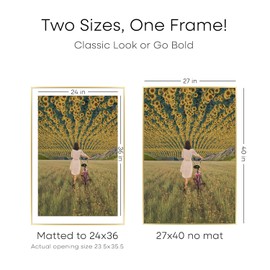 Homeforia 27x40 Poster Frame Gold, High End Metal 27x40 Picture Frame with Mat 24x36, 27 x 40 inch Frame Matted to 24 x 36 Photo, 40x27 inches Frames, Tempered Glass, Wall Hook Included, Set of 1