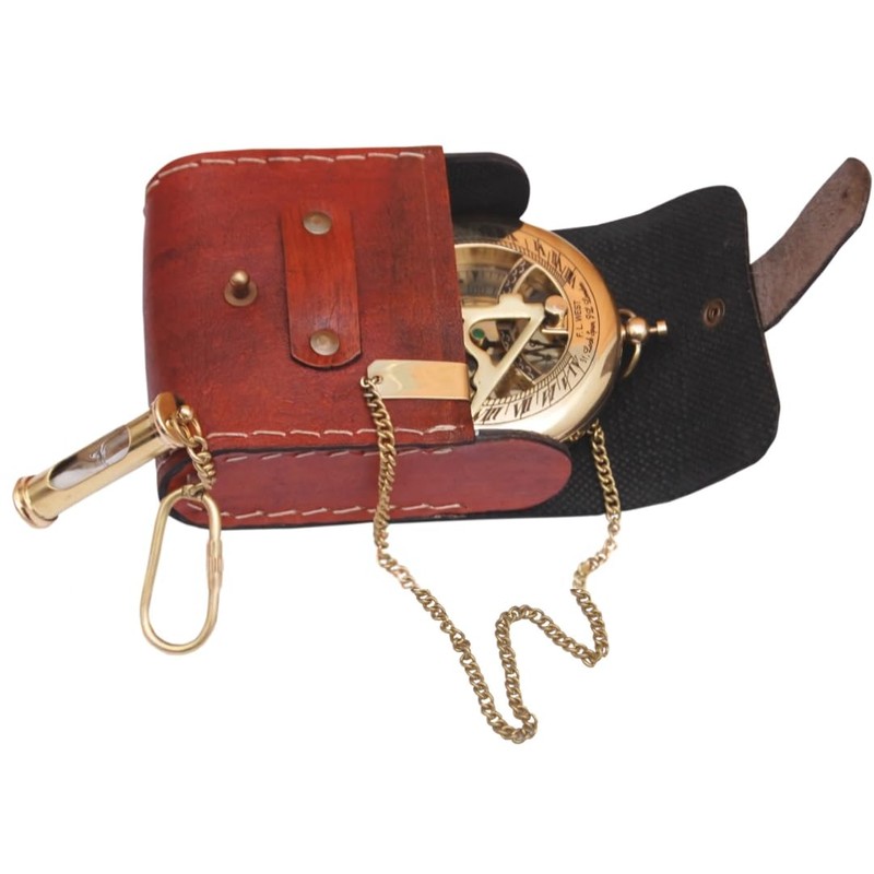 Brass Sundial Compass with Leather Case - Compass Gift for