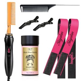 Shiyalan Juego de Peine Caliente, 7 Piezas, Alisador de Pelo Eléctrico, Peine de Presión para Cabello, Juego de Peine Caliente con Barra de Cera para Peluca, Banda de Encaje, Peine de Cola de Rata Y C