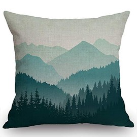 Swono Beautiful Green Mountain Landscape Rustic Farmhouse Style Decorative Throw Pillow Cover Cushion Case for Sofa Couch Housewarming Present Home Decor Cotton Linen 18" x 18" Inch