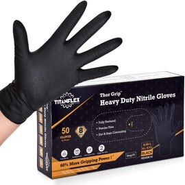 TitanFlex Thor Grip Heavy Duty Black Industrial Nitrile Gloves, 8-mil, Small, Box of 50, Latex Free, Raised Diamond Texture, Powder Free, Food Safe, Rubber Gloves, Mechanic Gloves