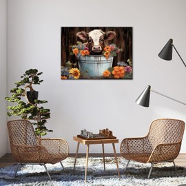 GLOKAKA Highland Cow Bathroom Wall Art Baby Cow in Bucket with Coloful Flowers Picture Prints Painting Farmhouse Animal Wall Decor Rustic Cattle Artwork for Nursery Home Decor