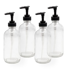 Cornucopia Brands 8oz Clear Glass Pump Bottles (4-Pack w/Black Plastic Pumps), Great as Essential Oil Bottles, Lotion Bottles, Soap Dispensers, and More
