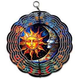 Stained Glass Sun and Moon Design Wind Spinner Art 10 inch for Garden Decor with Swivel Hook, Double Sided Circle Hanging Wind Spinner Astrology Tree Design Hanger for Yard Porch Front Door