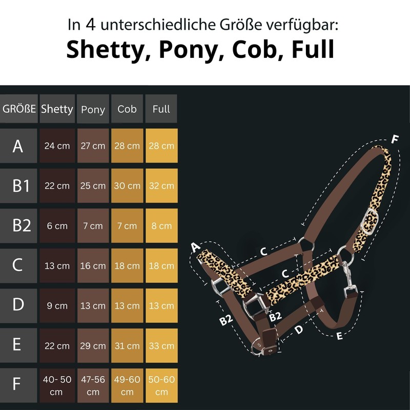Headcollar for Horses, Stylish Leopard Look, 2-Way Adjustable Buckles, Shetty,