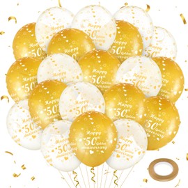 20Pcs 50th Golden Anniversary Balloons, White Gold Happy 50th Golden Wedding Anniversary Balloons for Golden Wedding Anniversary Decorations, 50th Anniversary Party Decorations 12 inches