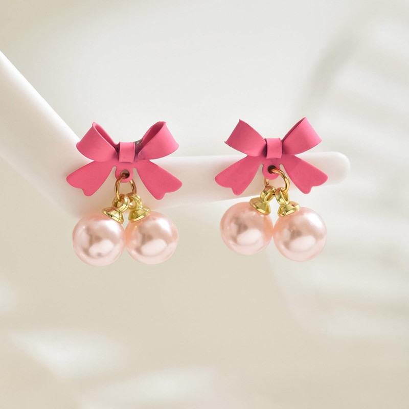 Pink Bow Earrings for Women Christmas Bow Earrings Cute Ribbon
