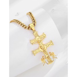 INFUSEU Caravaca Cross Necklace, 925 Sterling Silver Golden Pagan Medal Patron Pendant Christian Faith Religious Spanish Protection Divine Protection Jewelry Amulet Gifts for Men Women
