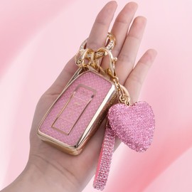 Meruns Compatible with Lexus key fob cover with Diamond Bling Keychain, Car accessories Key holder Shell Soft TPU Full Protection for RX ES GS LS NX RS GX LX RC LC Smart Key Case,Gold Pink