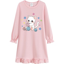 EULLA Girls' Long-Sleeved Nightdress with Cute Prints Pyjamas Dress Autumn Winter Cotton Nightdress for Girls Size 104 110 116 122 128 134, 3# Pink Cat