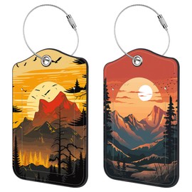 Neidius 2 Pack Luggage Tags,PU Leather Baggage Tag with Privacy Cover Name Address Labels and Metal Ring for Men and Women Travel Bag Suitcases (Vintage Mountain Landscape)