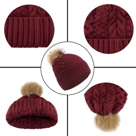 CheChury Women Warm Scarf Glove Beanie Hat Set,Snood Scarf and Touchscreen Gloves Set with Twist Thick Beanie Cap for Unisex Outdoor Sports Cable Knit Scarf 3 in 1,Red,One size