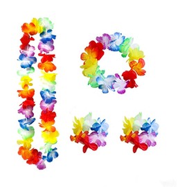 MMSZHL 4 Pcs Flores Hawaianas Leis, Collares Hawaianos para Fiestas, 1 Collares Hawaianos Luau con 1 Diademas y 2 Pulseras, Kit Fiesta Hawaiana Decoracion, para Fiesta de Hawaii, Playa y Piscina (4 Pcs)