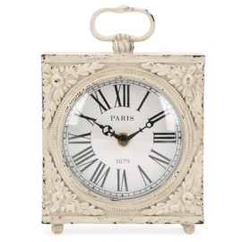 NIKKY HOME Small Table Clock with Handle, Silent Non-Ticking Shelf Desk Top Clock Battery Operated Vintage Rustic Design, Chic Home Decor for Fireplace Mantel, Desktop, Countertop, Distressed White