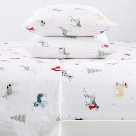 Great Bay Home Christmas Flannel Sheet Set Twin Size - 100% Turkish Cotton, Double-Brushed, Winter Bed Sheets - Ultra-Soft, Cozy, 3-Piece Christmas Bedding Set (Pups in The Snow)